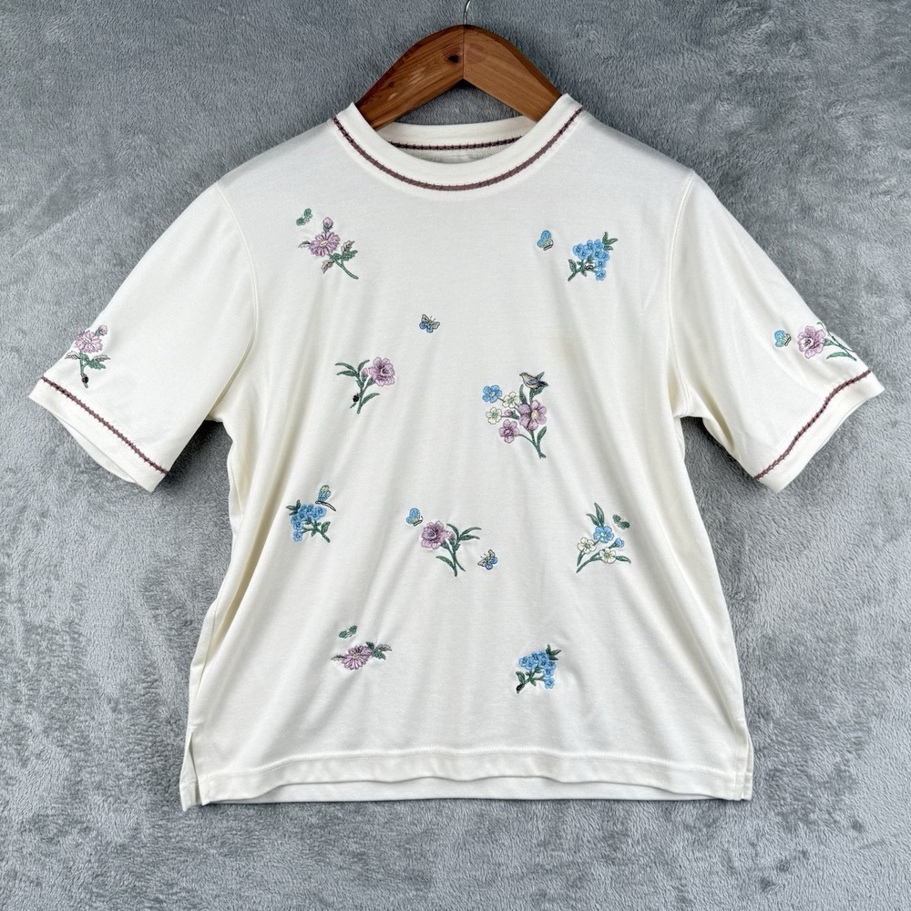 BonWorth Shirt Womens S White Flowers Butterflies Embroidered Cottage Grandma